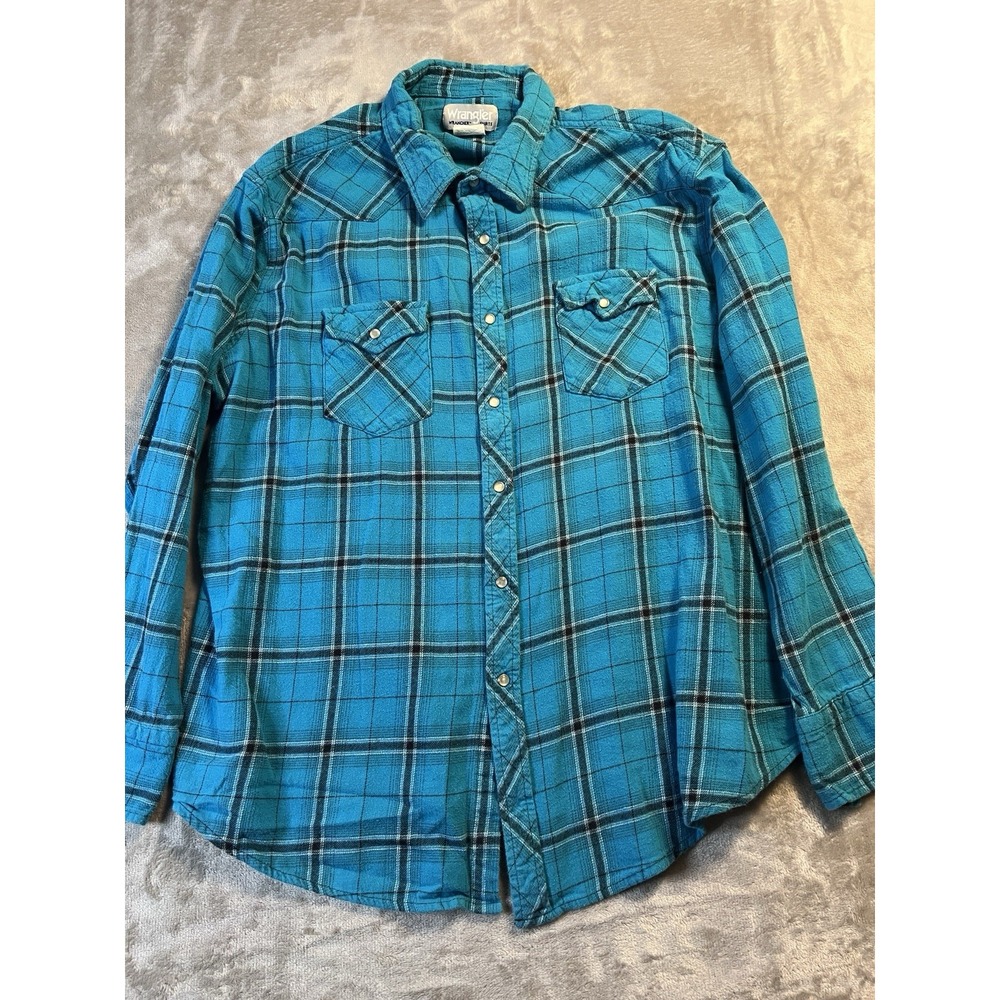 Wrangler Women's Shirt 2XL Blue Plaid Pearl Snap Western Flannel